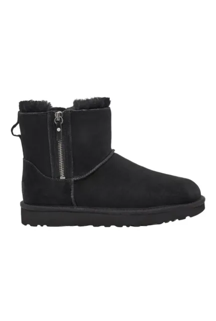 Ugg Black Classic Mini Double Zip Suede/ Sheepskin Boots, Us 7/ Eur 38 ~Nib