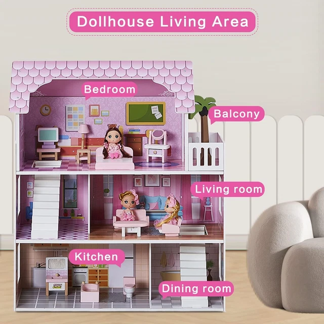 LARGE DOLL HOUSE Wooden Dollhouse 3 Storey Mansion Kids Playhouse With ...