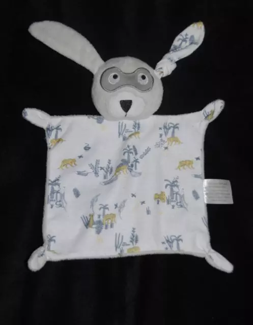 Doudou plat lapin IKKS blanc masque gris tigre jaune palmier bleu chien  TTBE