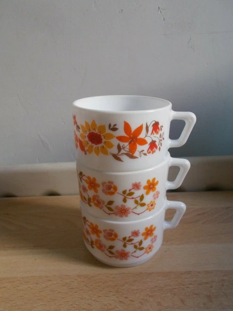 Lot De 4 Tasses Arcopal Vintage Motif Fleurs Orange - Fabriqué En France, Années 70