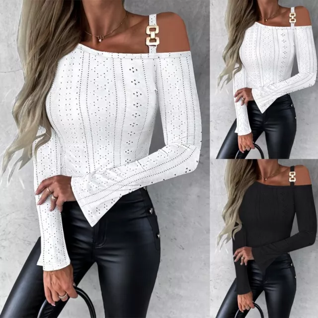 Spring Womens Off Shoulder Sexy Tops Long Flared Sleeve Pullover Solid Blouse US