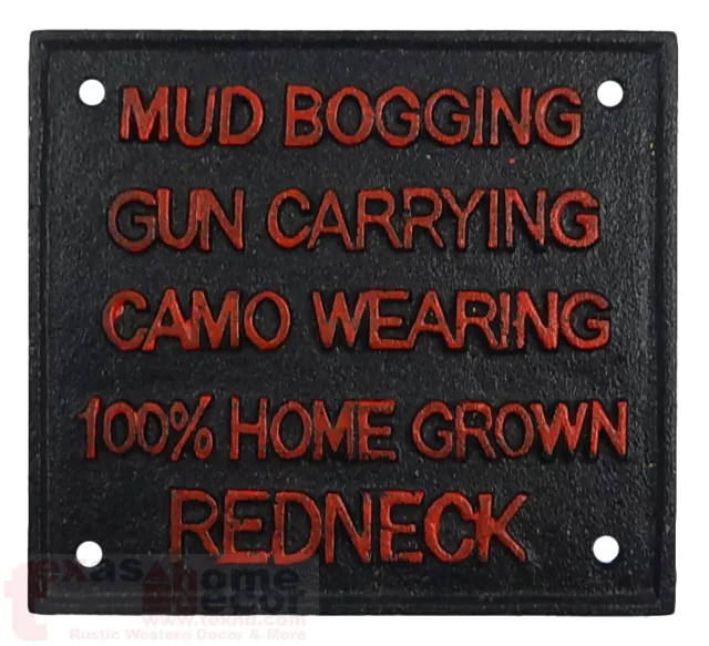 Cast Iron Humorous 100% Home Grown Redneck Wall Decor Sign Gun Carrying 6.75"