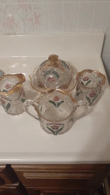 EAPG Northwood 4 Pc Table Set Gold Flower - Covered Butter Creamer Sugar Spooner