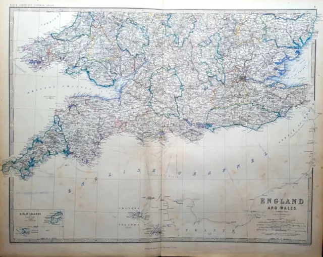 1861 Hand Coloured Map Southern England & Wales Cornwall Devon Sussex Glamorgan