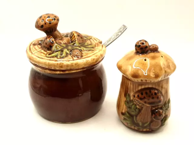 Hull Pottery Sugar Bowl W/ Mushroom Lid Brown Drip Glaze & Mushroom Shaker Vtg