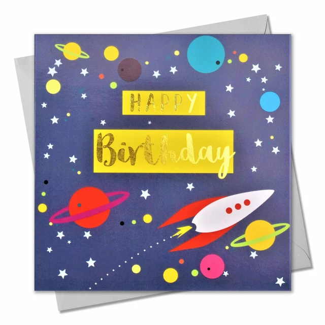GEBURTSTAGSKARTE, RAKETE UND Happy Birthday, Text in