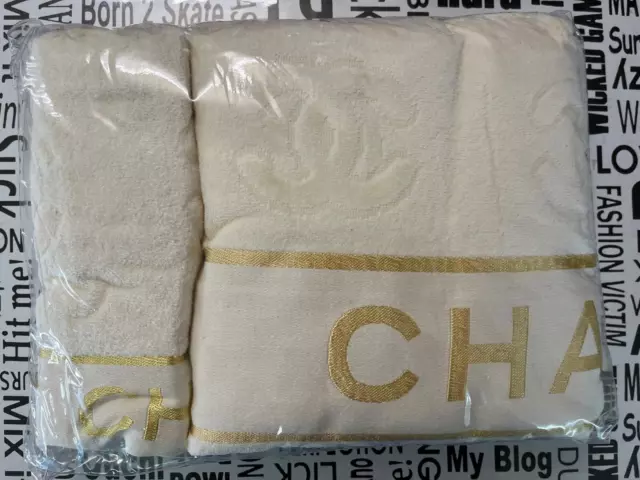 CHANEL Terry Cotton CC Beach Tote Towel Set Black White 780083