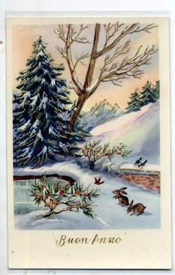 Paesaggio Alpino con Neve Fiori Viole Rilievi in Oro Xmas Gold PC Circa 1930 