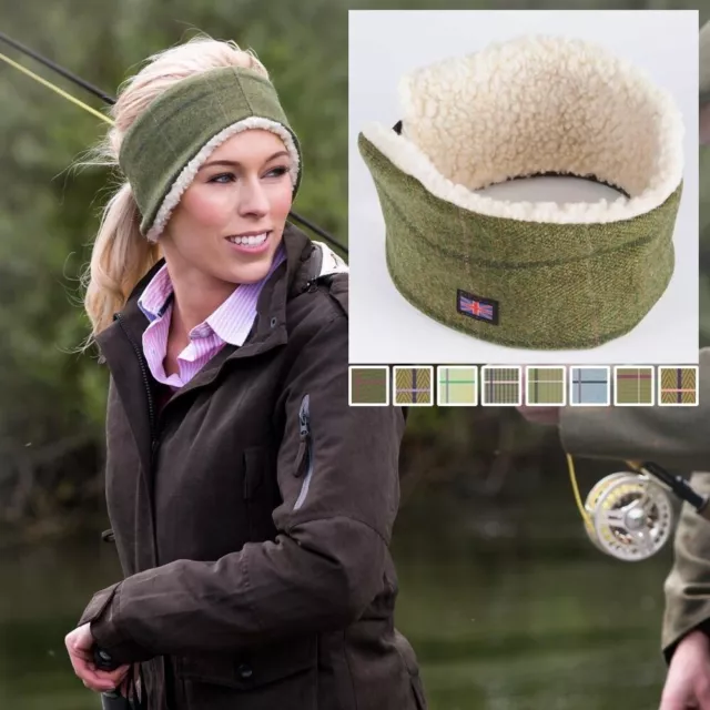 Ladies Check Tweed Headband Sherpa Lined British Made Womens Ear Cosy Fleece Hat