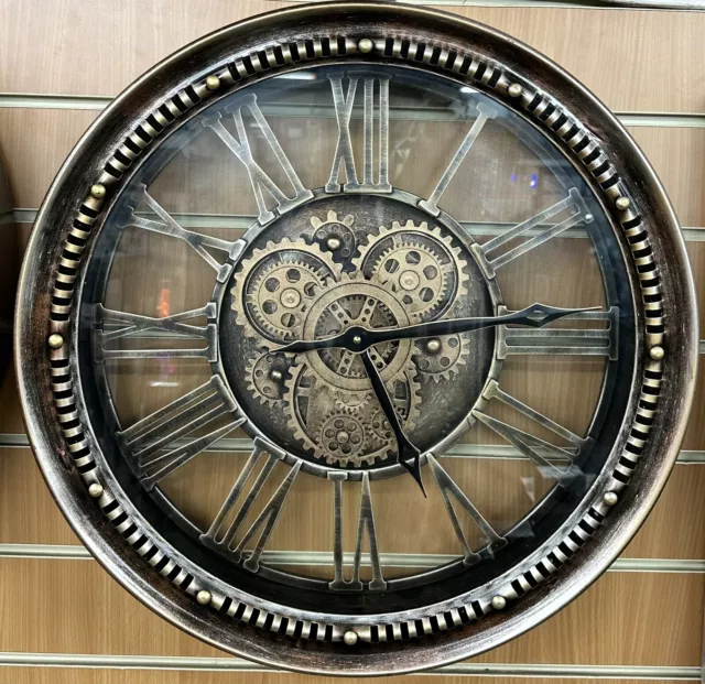 Skeleton Wall Clock Moving Gears Cogs Copper BRZ Distressed 53cm Venetian Silent