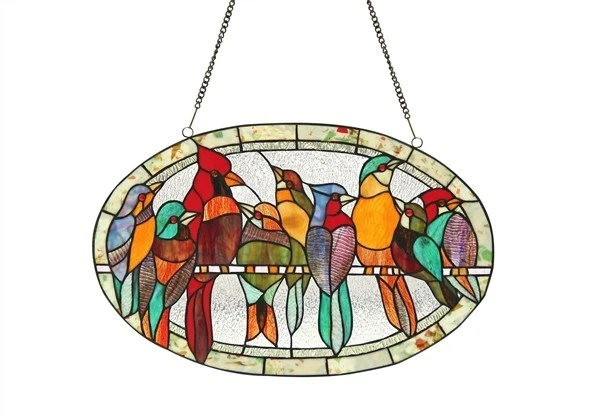 23.4" Tiffany style stained glass cardinal & birds window panel