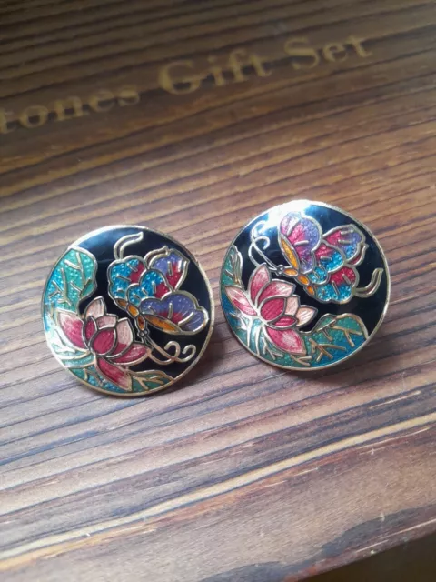 Gorgeous Cloisonné  Asian Stud Earings Decorated With The Lotus Flower & A...