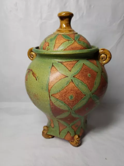 Hand Thrown Artisan Pottery Lidded Container Beautiful Paint Job