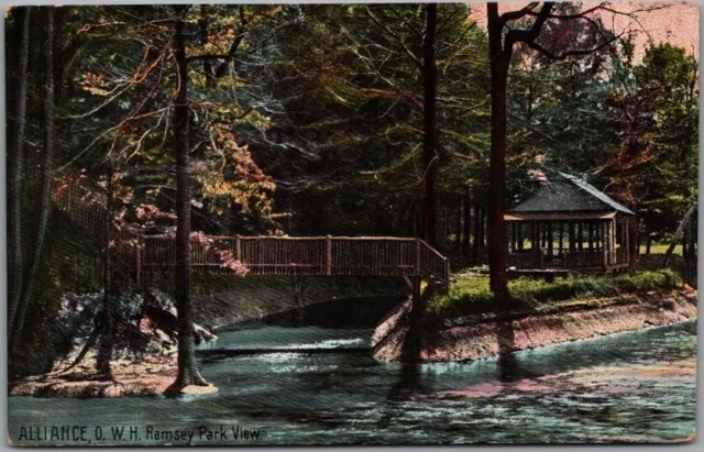 1910 ALLIANCE, Ohio Postcard "W.H. Ramsey Park View" Rustic Bridge Pavilion View