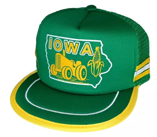 Iowa Corn Tractor Farm Farmer  Green 3 Striped  Snapback Mesh Trucker Hat Cap