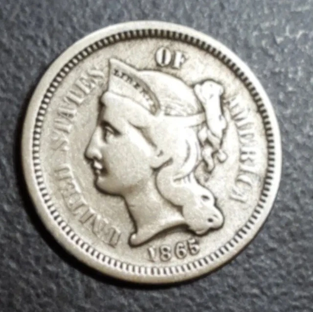 1865 US 3c NICKEL 158 YEARS OLD THREE CENTS CLEANED COIN CIVIL WAR ERA
