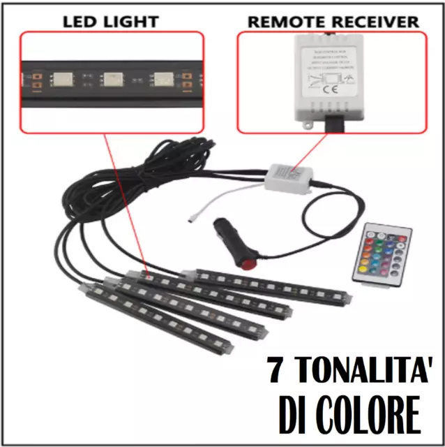 ✅ Striscia Per Interni Auto 9 Led Rgb Luci Vano Piedi Atmosfera Telecomando 12V