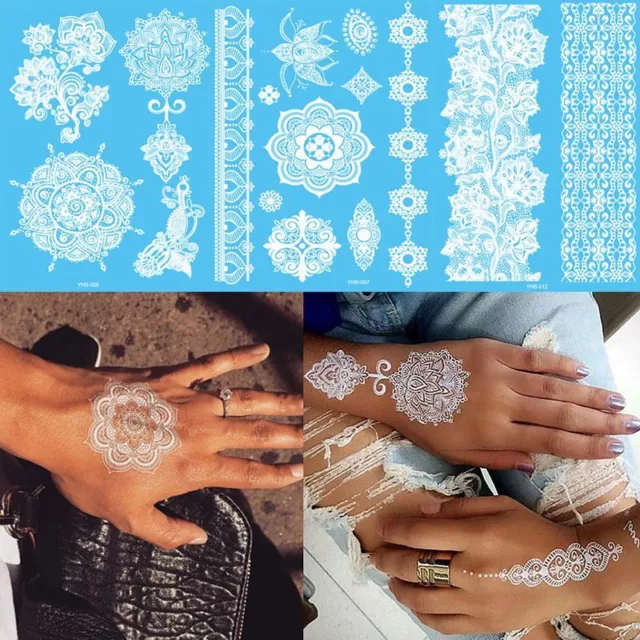 Temporary Tattoo White Henna Kit Stickers, Mandala, Mehndi, Flower, Hand, Womens