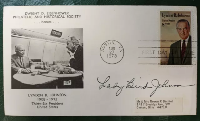 DDE Philatelic/Historical Soc. Honors L B J Envelope - Lady Bird Johnson Signed