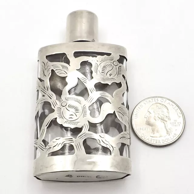 Antique Mexico Sterling Silver Overlay Glass Perfume Bottle Flask Large Size 3in 3