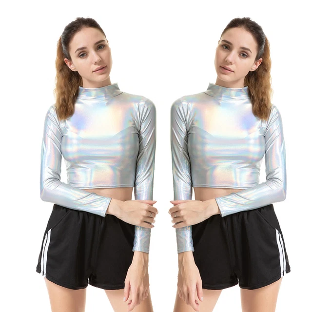 Camicia da donna bustier maniche lunghe top stage PVC maniche lunghe con collo alto camicia donna