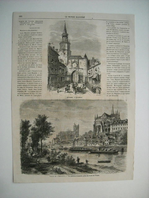Gravure 1866. Auxerre. Vue Generale D’auxerre. Le Beffroi. Les Demoiselles D’aux
