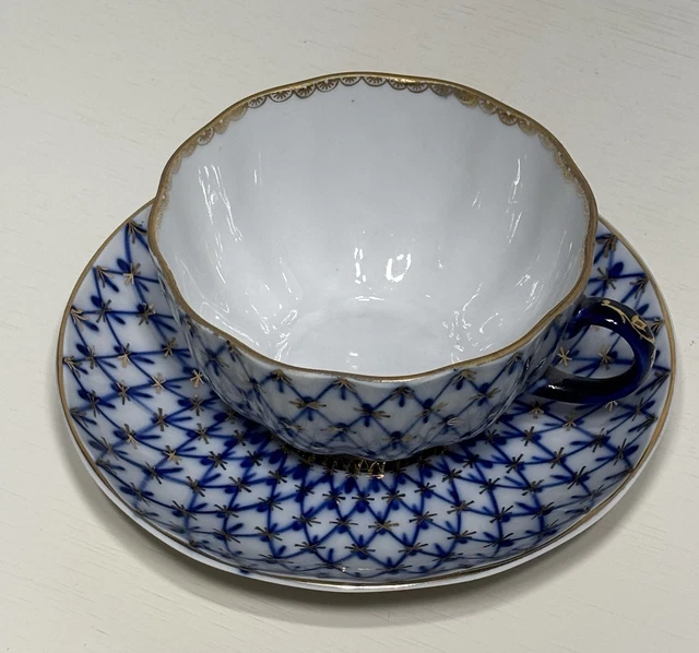 LOMONOSOV RUSSIAN IMPERIAL Porcelain Cobalt Net Creamer & Sugar
