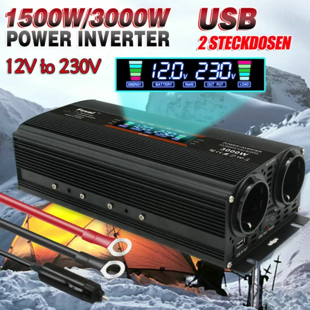 1500W 3000W Spannungswandler Wechselrichter Power Inverter 12V auf 230V USB LCD