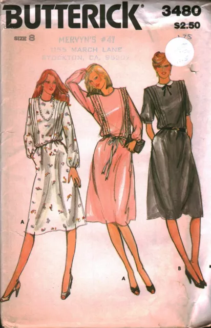 3480 Vintage Butterick SEWING Pattern Misses Loose Fitting Dress Casual 8 UNCUT
