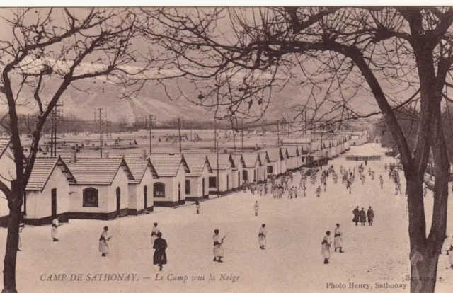 Carte postale ancienne AIN CAMP de SATHONAY sous la neige photo henry écrite