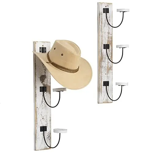 Solid Whitewashed Wood & Black Metal Wire Coat Hooks Vertical Hat Rack Set o...