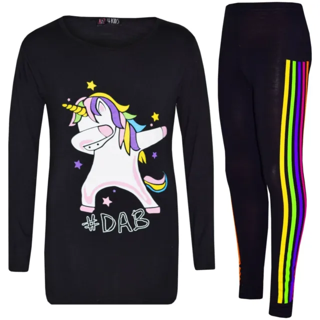 Kids Girls Xmas Outfit Set Rainbow Unicorn Dab Floss Black Top & Legging 7-13 Y
