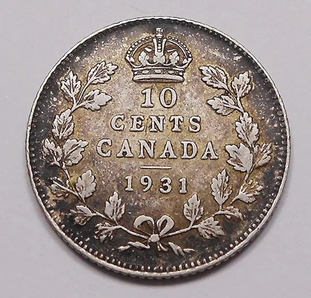 1931 Ten Cents VF+ Nice HIGH Grade LOW Mintage George V TONED Silver Canada Dime