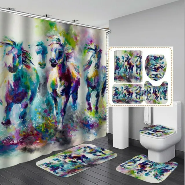 3D Watercolor Horse Shower Curtain Floor Mat Toilet Lid Cover Bathroom Rugs