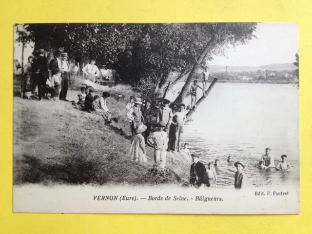 cpa VERNON (Eure) BORD de SEINE BAIGNEURS PLAGE Beach MER BAINS Belle Animations