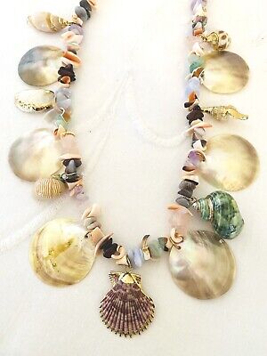 Seashell Pendant Necklace Gold Trimmed 28 Inch Coastal Drop Statement Necklace