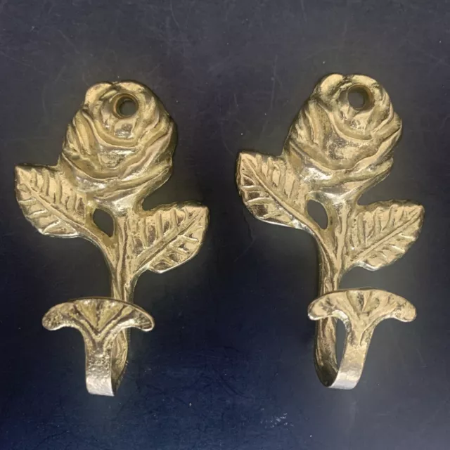 Vintage Gold Tone Rose Pair Wall Mount Hooks Brass Floral  Roses
