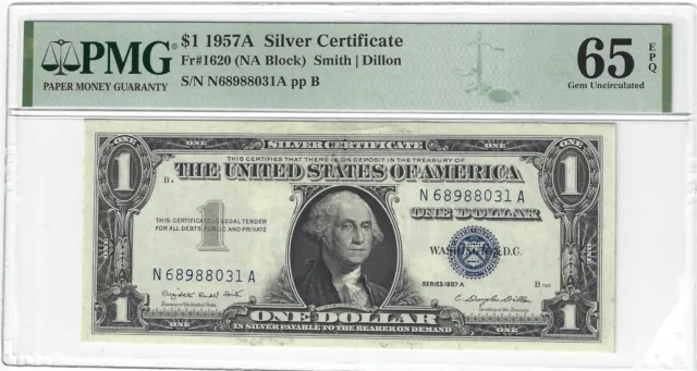 Fr.1620 1957A $1 Silver Certificate Smith/Dillon NA Block PMG 65EPQ GEM
