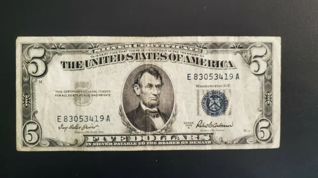 1953 A Us $5 Five Dollar Silver Certificate Vf