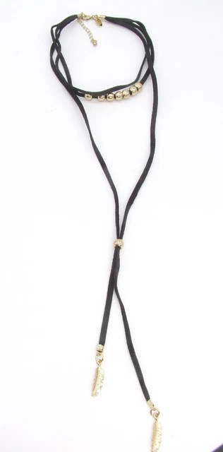 13" CHARMING CHARLIE 3 Strand Black Faux Leather/Feather Dangle Choker Necklace 2