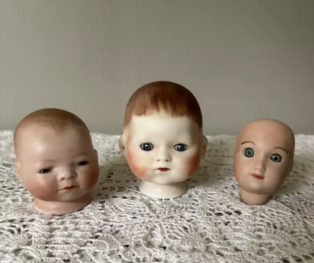 Vintage Lot 3 Marked Baby Doll Heads Bisque Antique Porcelain Reproduction