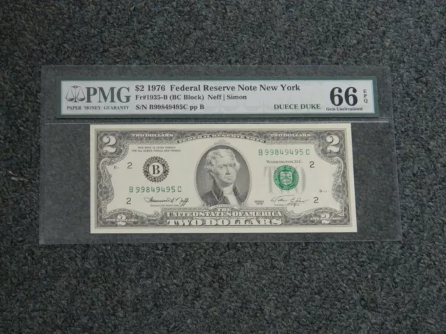 1976 Series $2 Federal Reserve Note New York Pmg 66 Gem Uncirculated