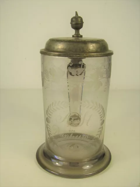 Antiker schöner Glas Zinn Krug Bierkrug um 1800