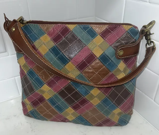 FOSSIL Brown Multi Leather Patchwork Shoulder Purse Bag