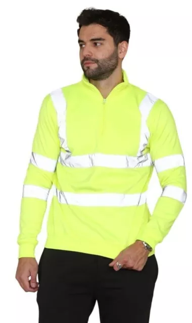 Hi Viz Vis High Visibility Jacket Mens Work Wear Half Zip Fleece Sweatshirt