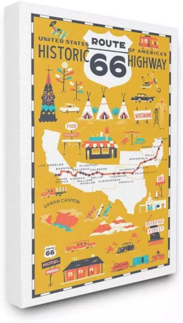 US Route 66 Historic Highway Mustard Yellow Illustrated Scenic Map Poster Stretc