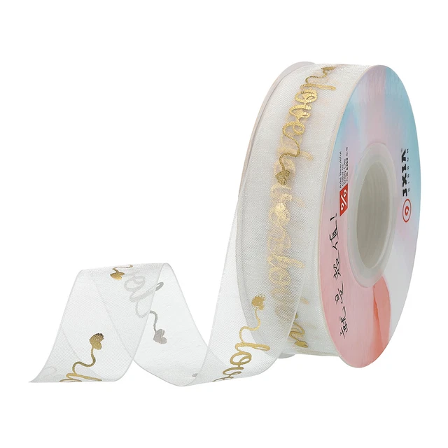 Cinta de gasa transparente con cable de organza de 1 pulgada 10 yardas de ancho oro impreso en amor