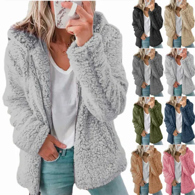 Womens Teddy Bear Fleece Fluffy Hooded Coat Ladies Zip Up Hoodies Jacket Outwear