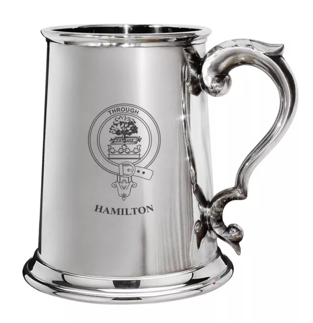 Hamilton Family Crest Polished Pewter 1 Pint Tankard with Scroll handle