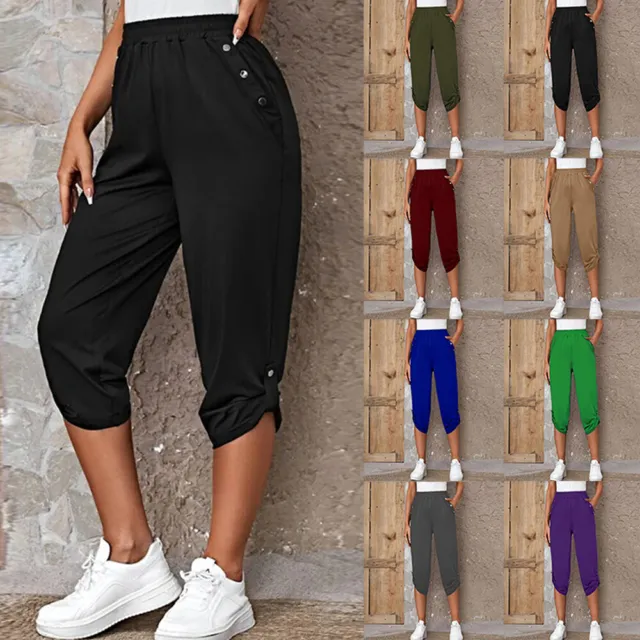 3/4 LENGTH WOMENS LADIES STRETCH ELASTICATED WAIST PLAIN PANTS CROPPED  TROUSERS